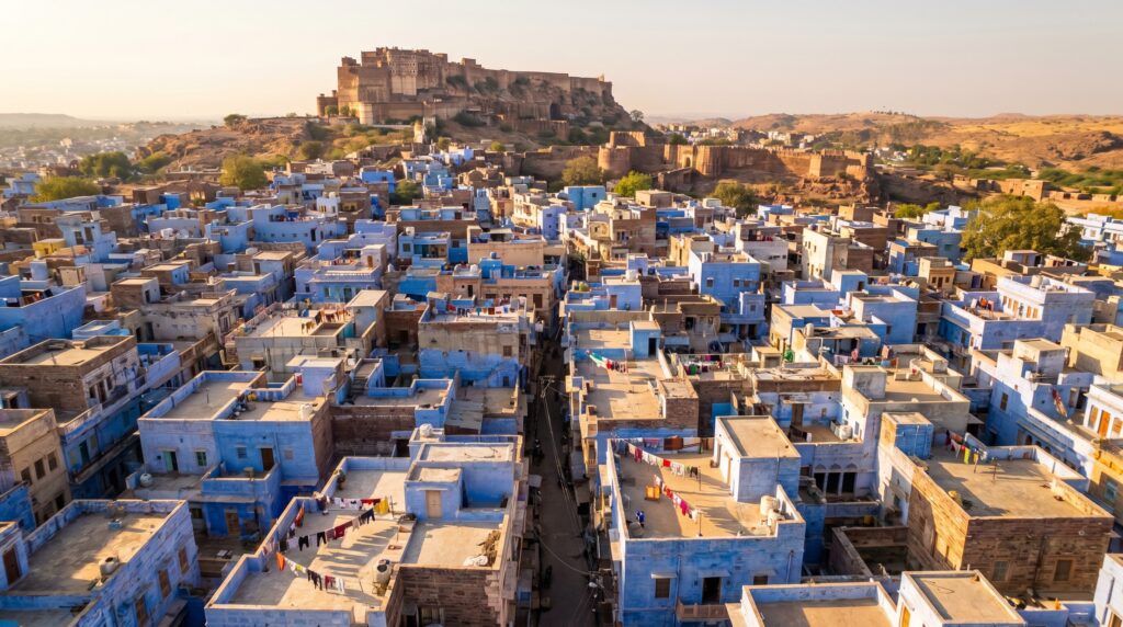 Bird's eye view of Brahmpuri neighborhood Jodhpur with densely packed blue houses near Mehrangarh Fort