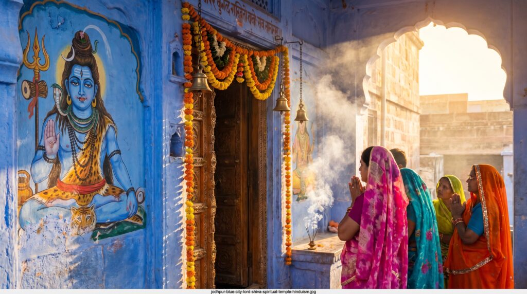 Blue Hindu temple in Jodhpur showing Lord Shiva spiritual significance of blue color in Hinduism
