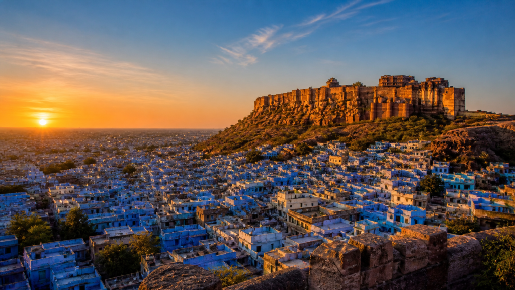 Panoramic view of Mehrangarh Fort and the Blue City of Jodhpur at golden hour