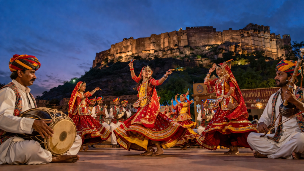 Folk dancers performing at Marwar Festival in front of Mehrangarh Fort