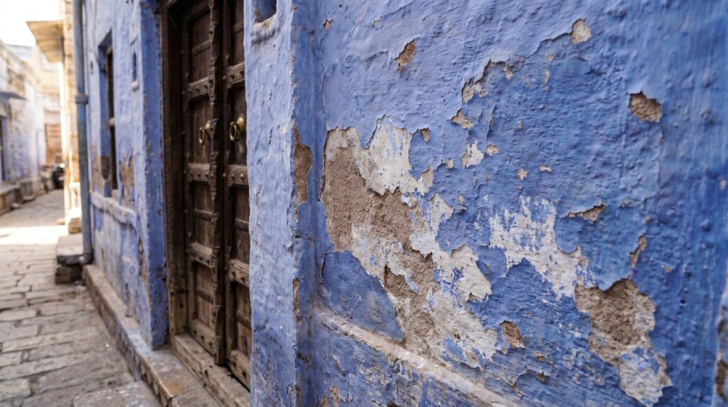 Traditional blue lime-washed house wall in Jodhpur old city showing copper sulphate paint layers