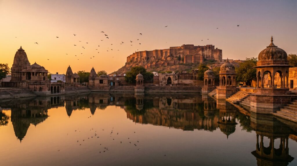 Gulab Sagar Lake Jodhpur 18th century with Mehrangarh Fort reflection in golden hour water