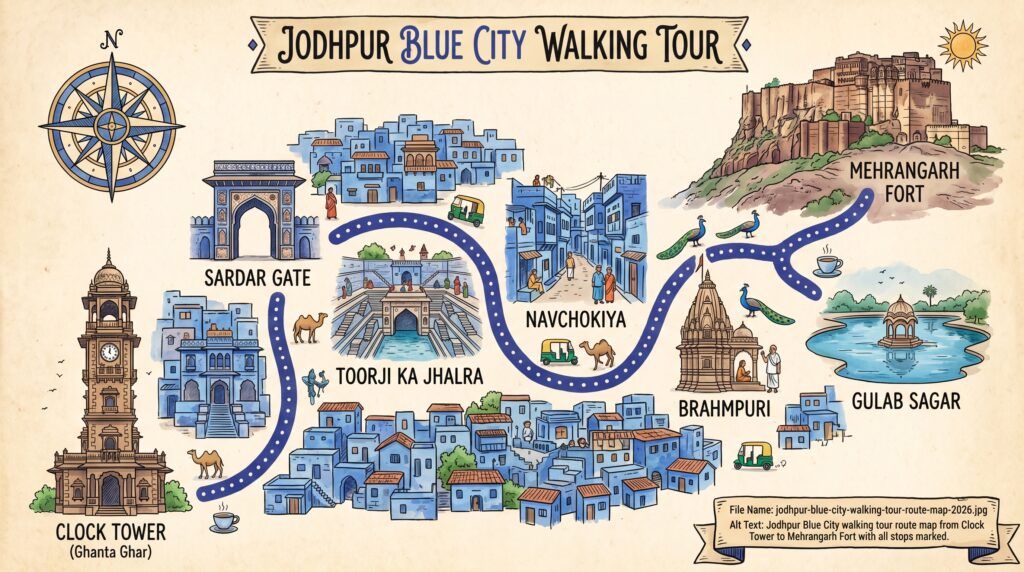 Jodhpur Blue City walking tour route map from Clock Tower to Mehrangarh Fort with all stops marked