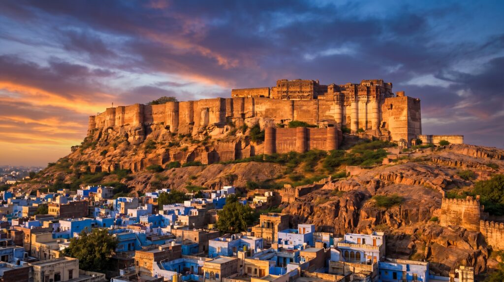 Mehrangarh Fort Jodhpur built in 1459 by Rao Jodha overlooking blue city houses below