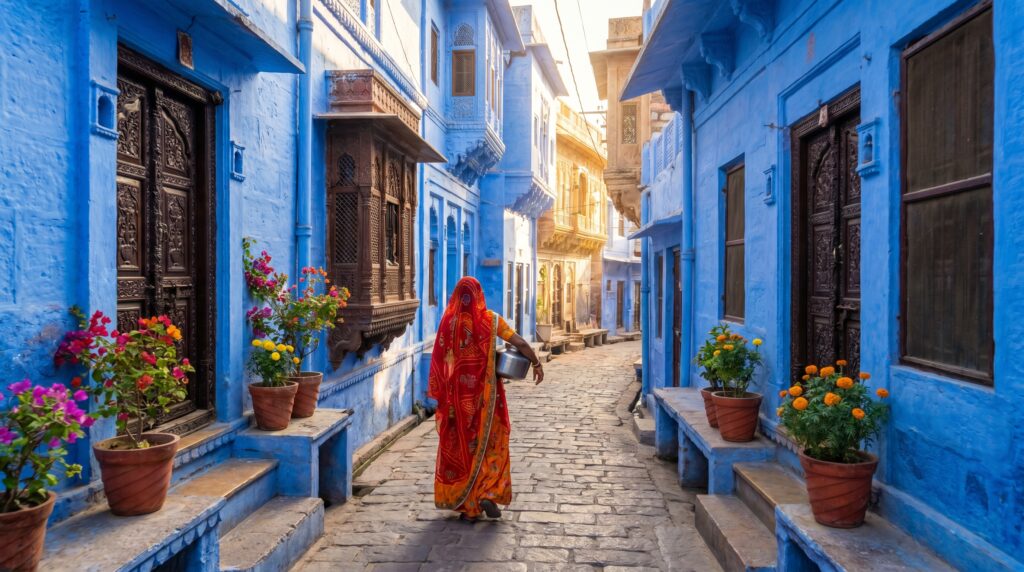 Narrow blue lane in Navchokiya Jodhpur with traditional carved windows and Rajasthani woman in sari