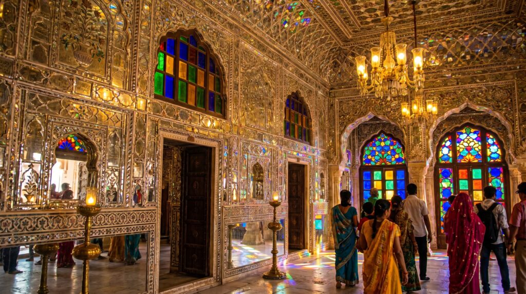 Sheesh Mahal Hall of Mirrors inside Mehrangarh Fort Jodhpur with intricate Rajput mirror work