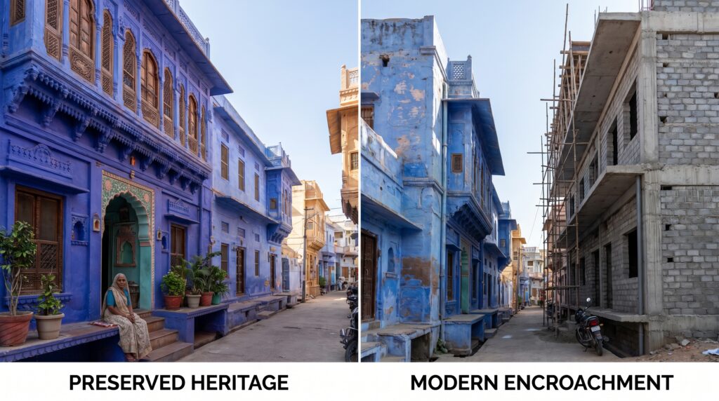 Jodhpur Blue City preservation showing traditional blue house versus modern construction vanishing Rajasthan heritage