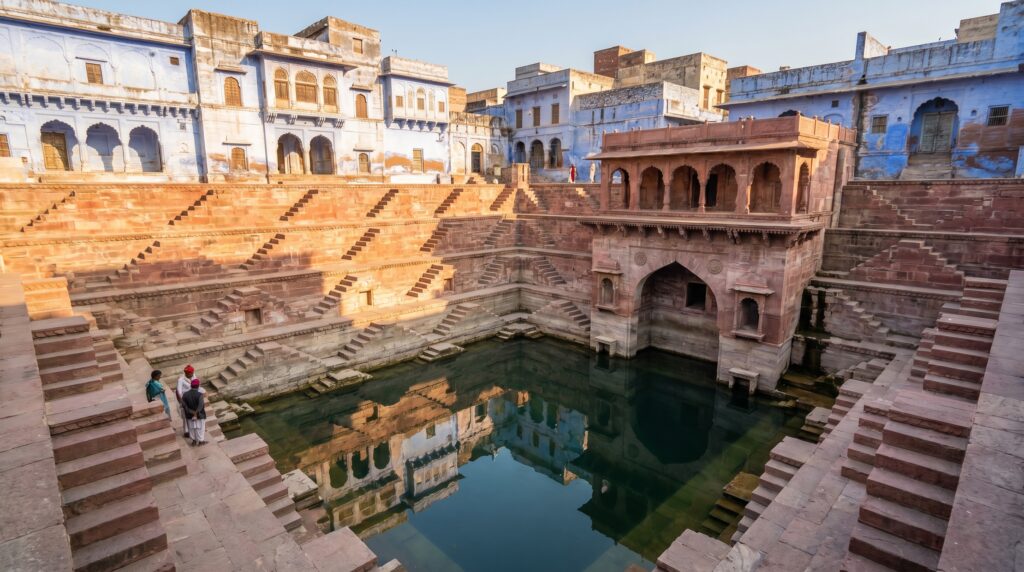 Toorji Ka Jhalra stepwell Jodhpur 1740 with symmetrical rose-red sandstone steps and blue building reflections